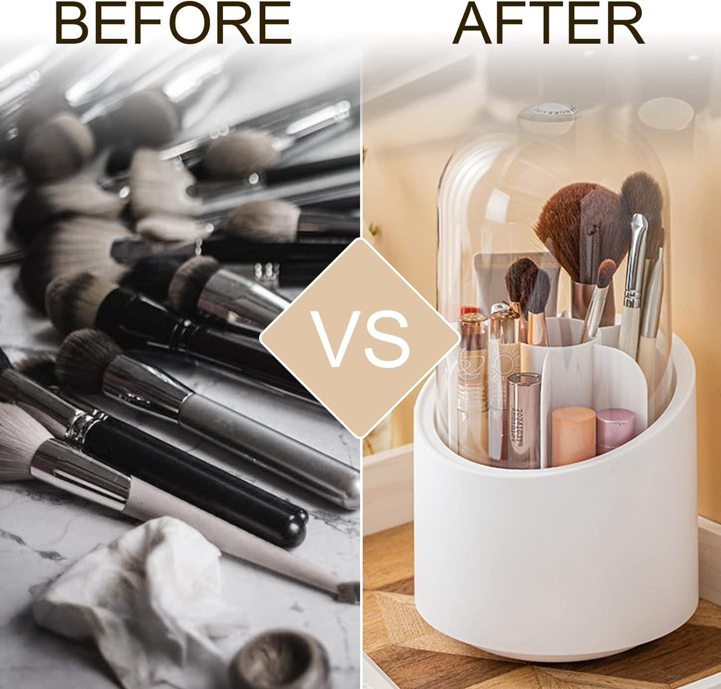 360° Rotating Makeup Brush Organizer | Transparent Cosmetic Storage Box