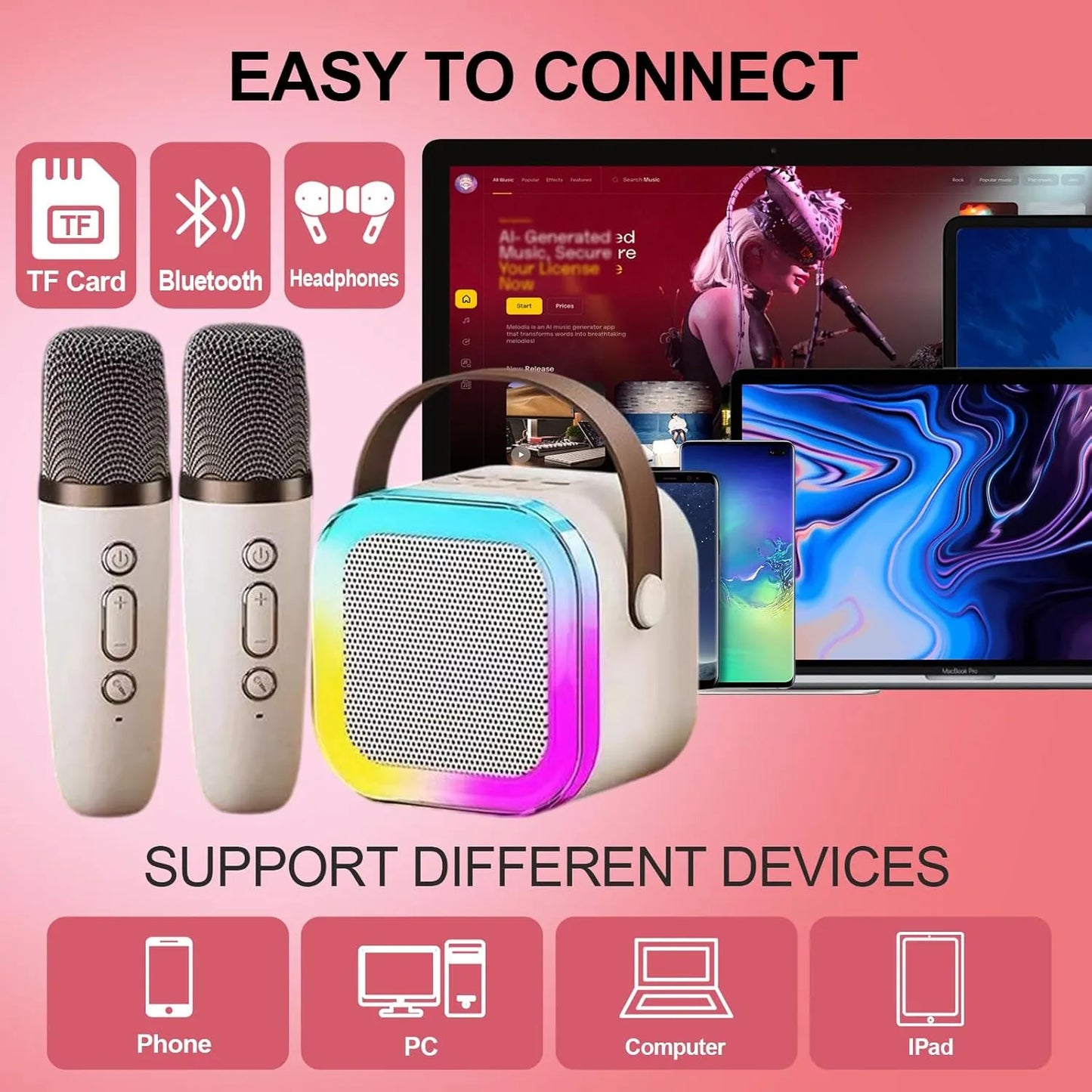 K12 Wireless RGB Karaoke Mic with Speaker (USB/AUX/SD) – Black/Blue/Pink