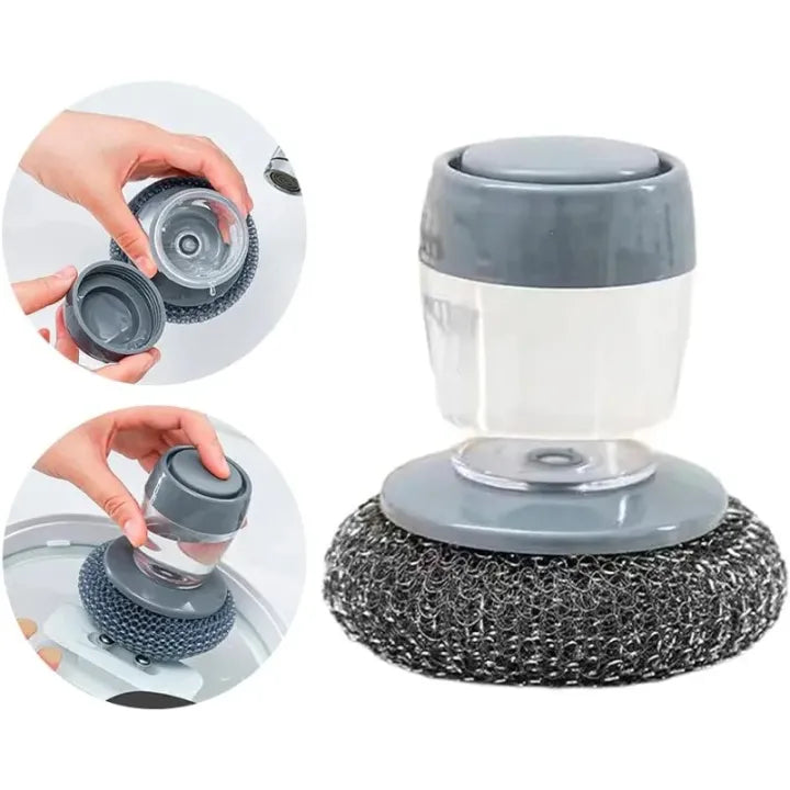 Dish Soap Dispenser with Scrubber – Easy Use Stainless Steel Cleaning Brush for Kitchen & Dishwashing